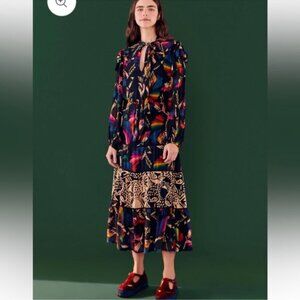 Farm Rio Black Macaws Flight Maxi Dress Tie Neck Leopard Tiered Animal Print XS